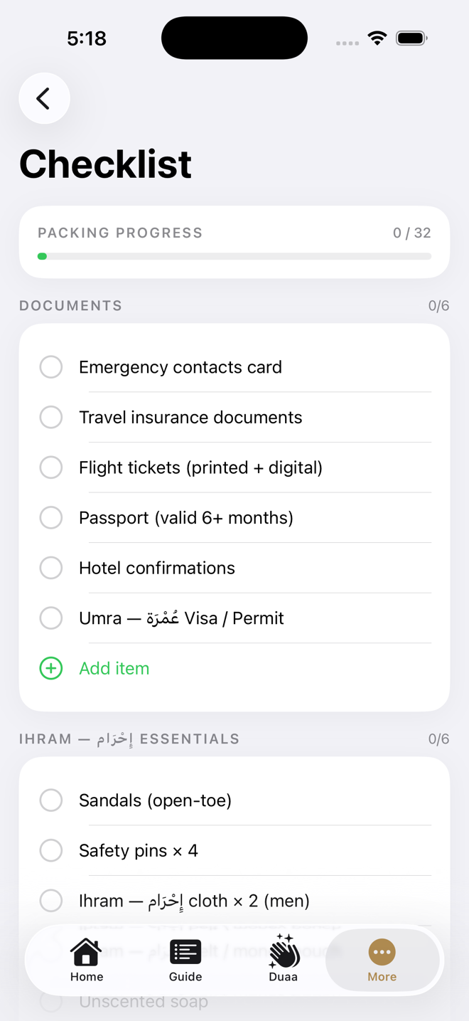 Umra preparation checklist with packing progress