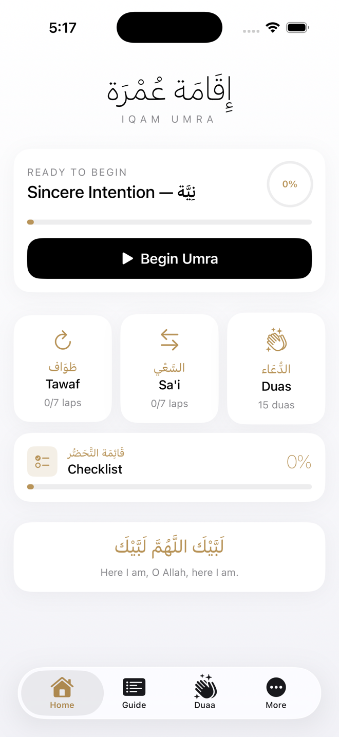 Iqam Umra home screen showing journey progress and the next step