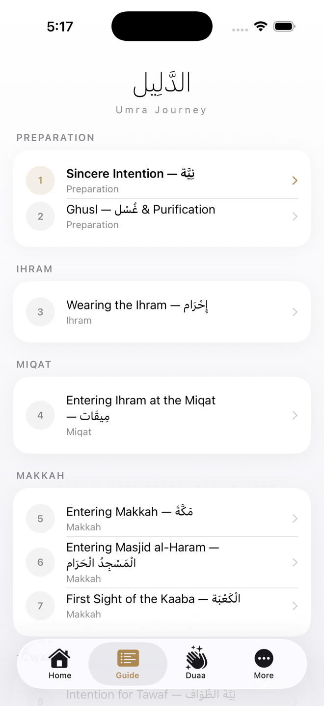 Umra Journey list of guided steps grouped by stage